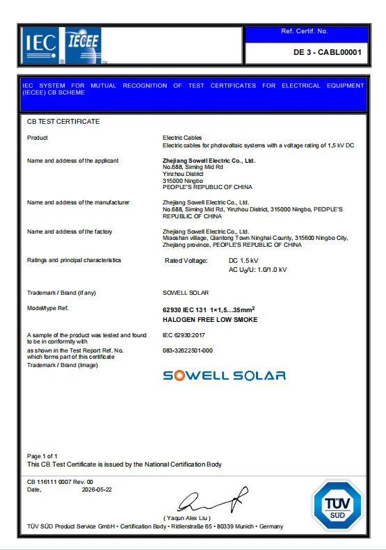 Kabel Fotovoltaik SOWELLSOLAR Menerima Pengiktirafan Pensijilan TÜV SÜD IECEE-CB